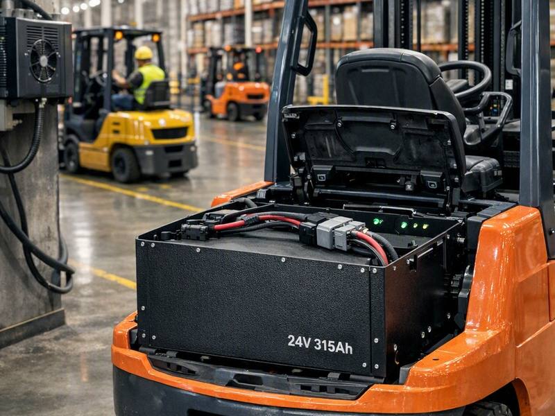 Electric forklift powered by 24V lithium battery in warehouse picture